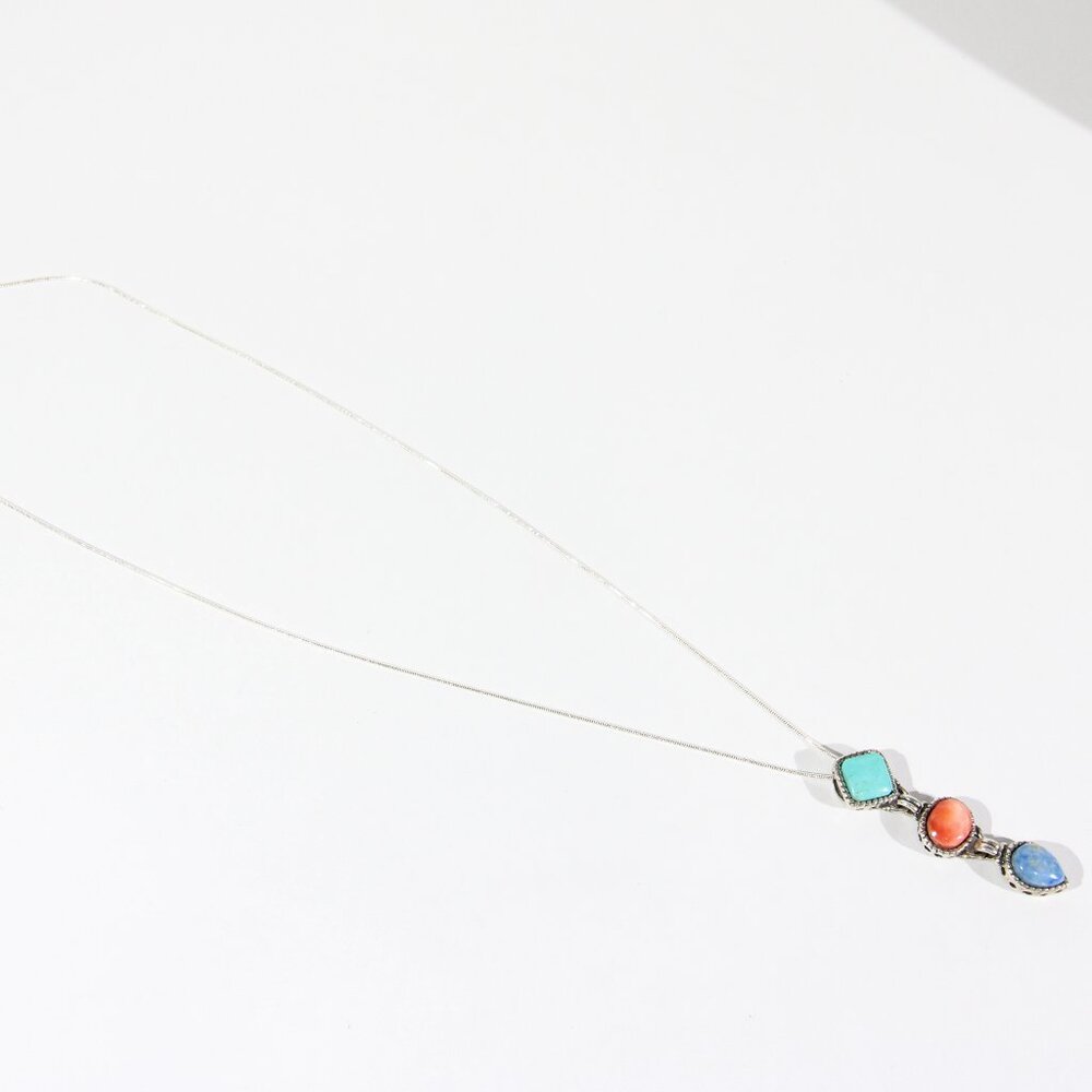 VTG Sterling Silver Turquoise, Lapis & Coral Pendant & Sterling Silver Necklace - Picture 3 of 9